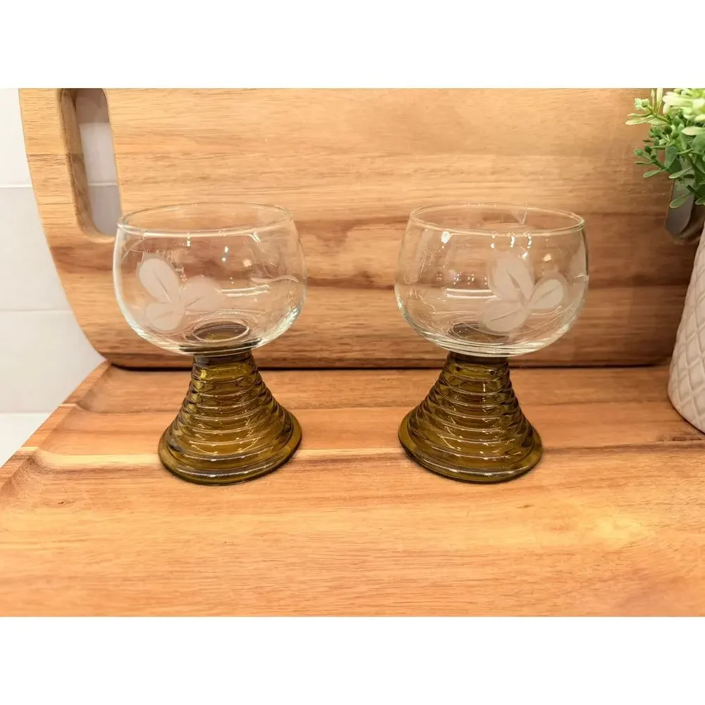 Vintage German Roemer Small Crystal Glasses Amber Color - Etched‎ Grape Design